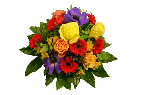 Ein toller bunter Blumenstrauß für ihre Mutter. Er beinhaltet die Farben Rot, Gelb, Orange, Lila und mit einer Vielzahl an Grünblumen ergibt sich ein wunderschöner Blumenstrauß.